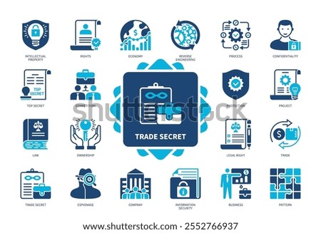 Trade Secret icon set. Competition, Rights, Project, Ownership, Espionage, Confidentiality, Business, Company. Duotone color solid icons