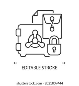 Icono comercial de secretos lineales. Derecho de propiedad intelectual. Encerrado en una bóveda. Formas confidenciales. Ilustración personalizable de línea delgada. Símbolo de contorno. Dibujo de contorno aislado del vector. Trazo editable