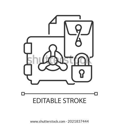 Trade secrets linear icon. Intellectual property right. Locked in a vault. Confidential forms. Thin line customizable illustration. Contour symbol. Vector isolated outline drawing. Editable stroke