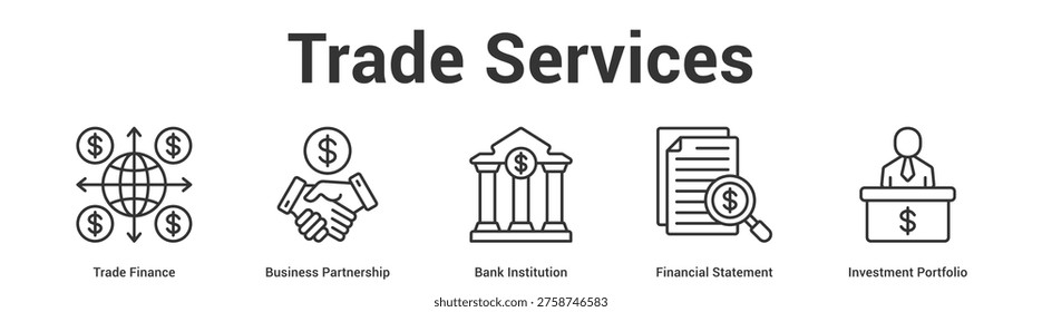 Trade Services web banner icon set vector illustration concept for business with icon of Trade Finance, Business Partnership, Bank Institution, Financial Stateme.