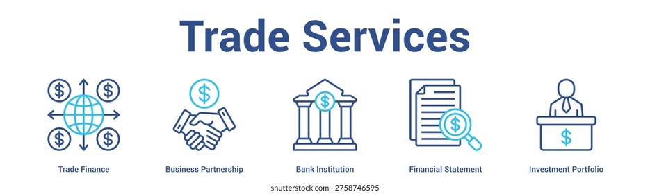 Trade Services web banner icon set vector illustration concept for business with icon of Trade Finance, Business Partnership, Bank Institution, Financial Stateme.
