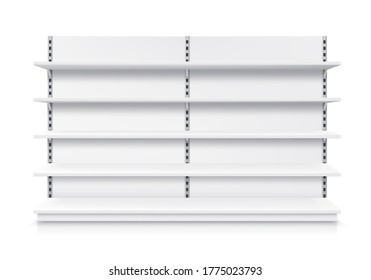 Trade shelf, shop rack, isolated realistic store display and product showcase stand, vector mockup. Supermarket display stand or warehouse shelving racks with detachable shelves, 3D white metal model