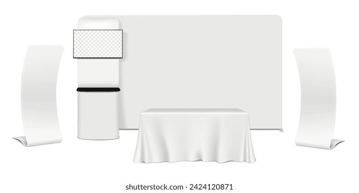 Trade show booth display kit. Expo set mockup. Tradeshow backdrop banner, pop LCD monitor TV video counter stand, exhibition table with tablecloth, snake banners. Vector mock-up