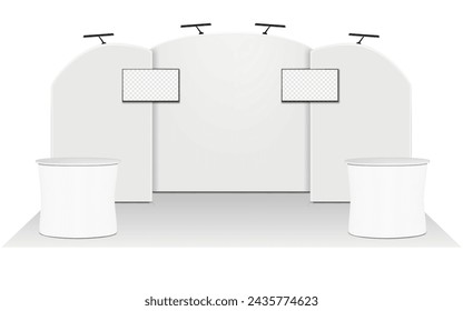 Trade show booth display kit vector mock-up. White blank expo set template. Tradeshow backdrop banner stands with LED lights, two LCD TV monitors, exhibition table counters mockup