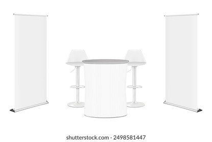 Trade show booth display kit mock-up. White blank expo tradeshow set template. Roll-up retractable banner stands, table counter, swivel bar stools. Realistic 3d vector mockup