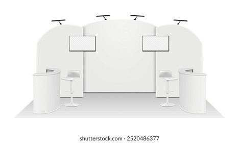 Maquete do kit de exibição do estande da feira comercial. Modelo de conjunto de feiras de exposições. Suportes de banner de fundo com luzes de LED, monitores de TV LCD, contadores de mesa de exposição, banquinhos de barra giratória. Modelo de vetor 3d realista