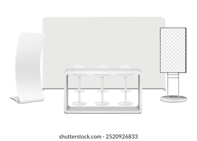 Maquete do kit de exibição do estande da feira comercial. Modelo de conjunto de feiras de exposições. Banner de fundo, balcão de mesa de exposição, cadeiras de barra giratória, suporte para banner de cobra, monitor de TV LCD. Modelo de vetor 3d realista