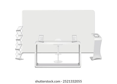 Maquete do kit de exibição do estande da feira comercial. Modelo de conjunto de feiras de exposições. Banner de fundo, balcão de exposição, porta-sinais de mesa, banqueta de barra giratória, rack de literatura, suporte de pódio de mesa digitalizadora. mockup de vetor 3d