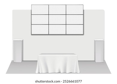 Maquete do kit de exibição do estande da feira comercial. Modelo de conjunto de feiras de exposições. Suporte de banner de pano de fundo, monitores LCD, mesa coberta com toalha de mesa branca, pedestais de plinto de exposição. Modelo de vetor 3d realista