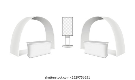 Maquete do kit de exibição do estande da feira comercial. Modelo de conjunto de feiras de exposições. Suporte de exibição em branco em branco, contadores de mesa de exposição, banner de vídeo digital do monitor LCD. Modelo de vetor 3d realista