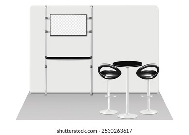 Trade show booth display kit mock-up. Expo tradeshow set template. Backdrop banner, LCD TV monitor stand, round counter exhibition table, swivel bar chairs. Realistic 3d vector mockup