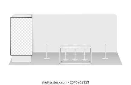 Trade show booth display kit mock-up. Expo tradeshow set template. Backdrop banner stand, LCD monitor, exhibition counter, swivel bar chairs, round countertop high pedestal tables. 3d vector mockup