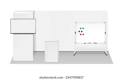 Maquete do kit de exibição do estande da feira comercial. Modelo de conjunto de feiras de exposições. Suporte de banner de fundo com monitor LCD, contador de mesa de exposição, quadro branco de escrita com ímãs e marcadores. mockup de vetor 3d