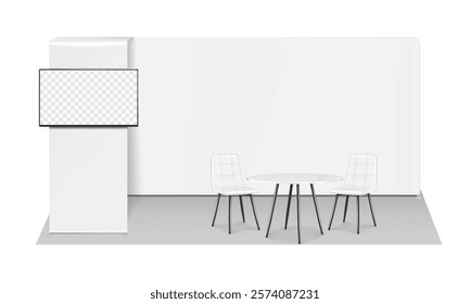 Trade show booth display kit mock-up. Expo tradeshow set template. Backdrop banner stand with LCD monitor, round counter exhibition table, two chairs. 3d vector mockup. Easy editable