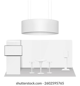 Trade show booth display kit mock-up. Expo tradeshow set template. Hanging ceiling overhead sign, backdrop exhibition banner stand, monitor, table, bar stools, floor digital kiosk. 3d vector mockup