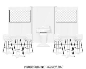Trade show booth display kit mock-up. Expo tradeshow set template. Backdrop banner stand, LCD monitor TV video panels, touch screen interactive kiosk, white exhibition tables, chairs. 3d vector mockup