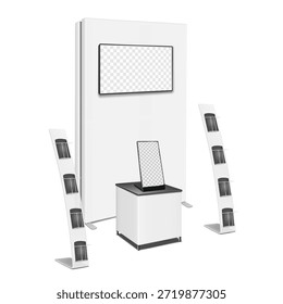Trade show booth display kit mock-up. Expo tradeshow set template. Blank backdrop banner with LCD monitor, exhibition table, tabletop digital display, literature floor rack stands. 3d vector mockup