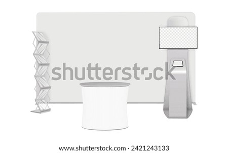 Trade show booth display kit. Expo set mockup. Tradeshow backdrop banner, LCD monitor TV with tablet stand, exhibition table counter, literature rack with clear shelves. Vector mock-up