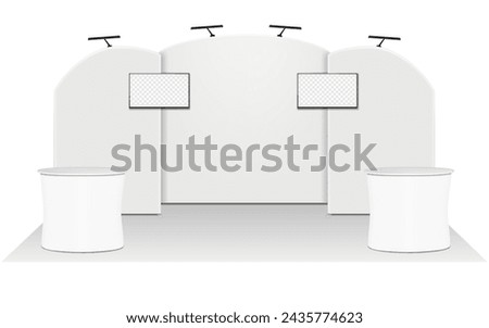 Trade show booth display kit vector mock-up. White blank expo set template. Tradeshow backdrop banner stands with LED lights, two LCD TV monitors, exhibition table counters mockup