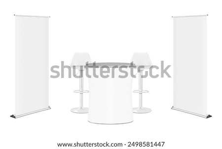 Trade show booth display kit mock-up. White blank expo tradeshow set template. Roll-up retractable banner stands, table counter, swivel bar stools. Realistic 3d vector mockup