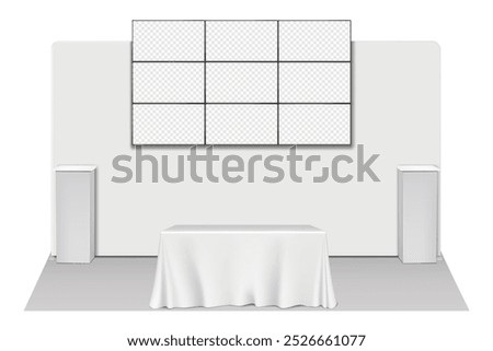 Trade show booth display kit mock-up. Expo tradeshow set template. Backdrop banner stand, LCD monitors, table covered with white tablecloth, exhibition plinth pedestals. Realistic 3d vector mockup