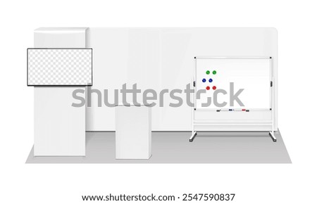 Trade show booth display kit mock-up. Expo tradeshow set template. Backdrop banner stand with LCD monitor, exhibition table counter, writing whiteboard with magnets and markers. 3d vector mockup