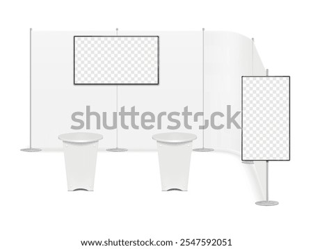Trade show booth display kit mock-up. Expo tradeshow set template. Pop-up streamline backdrop banner stand with LCD monitors, exhibition round counter tables. 3d vector mockup