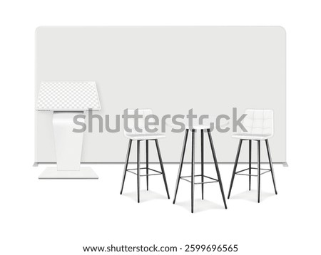 Trade show booth display kit mock-up. Expo tradeshow set template. Backdrop banner stand, touch screen interactive kiosk, white round counter high exhibition table, two bar chairs. 3d vector mockup