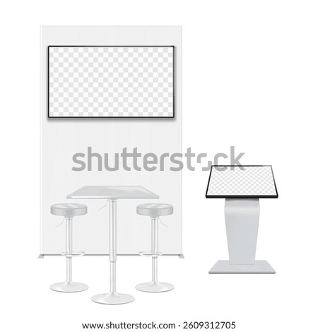 Trade show booth display kit mock-up. Expo tradeshow set template. Backdrop banner stand with LCD monitor, floor touch screen digital kiosk, adjustable height table, bar stools. 3d vector mockup