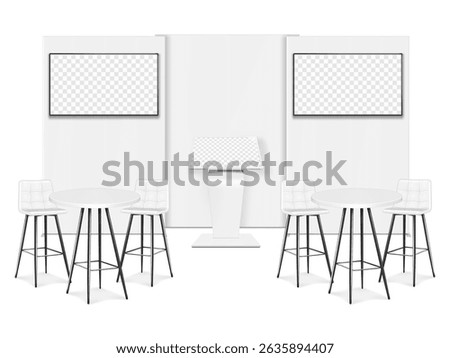 Trade show booth display kit mock-up. Expo tradeshow set template. Backdrop banner stand, LCD monitor TV video panels, touch screen interactive kiosk, white exhibition tables, chairs. 3d vector mockup