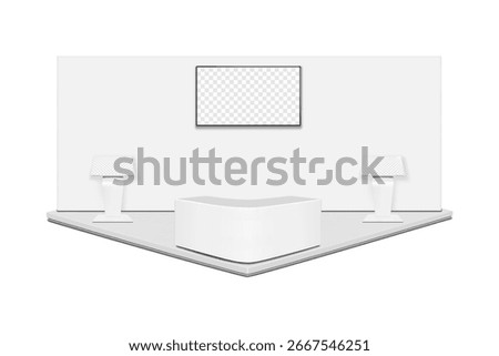 Trade show booth display kit mock-up. Expo tradeshow set template. Backdrop banner with LCD LED monitor, floor touch screen digital kiosks, curved table counter stand. 3d vector mockup