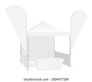 Trade Show Booth Display Stand - Tent Canopy, Feather Flags And Demonstration Table. Blank Exhibition Equipment Mockup. Vector Illustration