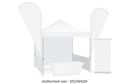 Trade Show Booth Display Stand - Tent Canopy, Feather Flags, Roll-up Stand And Demonstration Table. Blank Exhibition Equipment Mockup. Vector Illustration