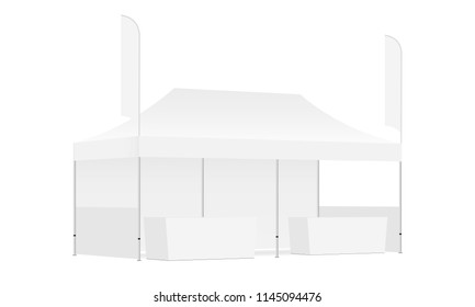 Trade Show Booth Display Stand - Rectangular Tent, Feather Flags, Demonstration Tables. Blank Exhibition Equipment Mockup. Vector Illustration