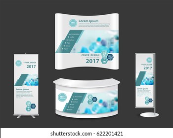 Trade show booth mock up exhibition stand with team surgeon at work in operating room concept, vector illustrations layout template design