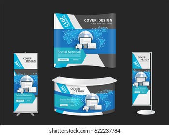 Trade show booth mock up exhibition stand with innovation technology social media and network, vector illustrations layout template design