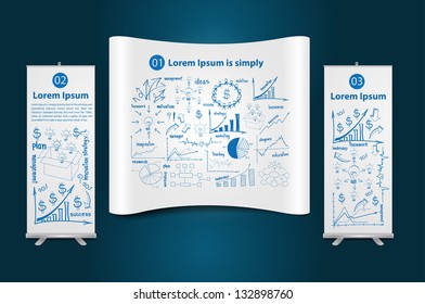 Trade show booth with roll up banner stand display, with drawing diagram business strategy plan concept idea, Vector illustration Modern template Design