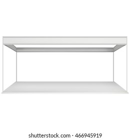 Cabina de la feria comercial blanca y en blanco. Exposición interior en blanco con itinerarios de trabajo. Vector aislado sobre fondo blanco. Plantilla de anuncios para el diseño de su Expo.