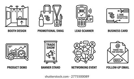 Trade show concept illustrations for booth design, promotional swag, lead scanner, business card, product demo, banner stand, networking event and follow up.