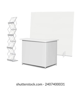 Trade show display kit vector mock-up. Expo set template. Tradeshow backdrop banner, exhibition table counter, brochure holder stand with clear shelves mockup