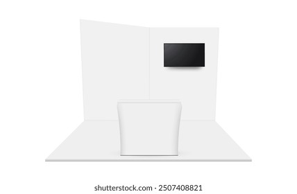 Trade Show Display Kit WIth Walls, Counter Table, TV Screen, Isolated On White Background. Vector Illustration