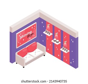Trade show interior isometric icon with beauty products on shelves and sofa for visitors vector illustration