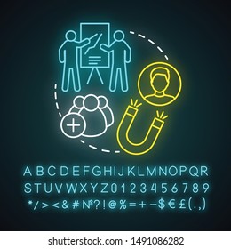 Trade show neon light concept icon. Trade fair idea. Product launch event. Promotional campaign. Customer attraction. Marketing presentation. Glowing alphabet, numbers and symbols. Vector illustration