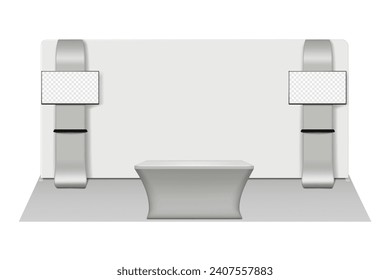 Trade show portable booth display kit vector mock-up. Expo set template. Tradeshow tension fabric backdrop banner, two TV stands with shelves, exhibition table counter mockup