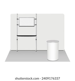 Trade show portable booth display kit vector mock-up. Expo set. Tradeshow tension fabric backdrop banner, TV stand with shelf, round exhibition table counter mockup