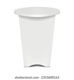 Trade show round counter display stand realistic mock-up. Blank white cocktail table vector mockup. Template for design