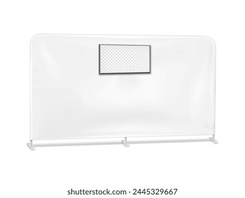 Trade show stretch cover backdrop banner on metal frame with TV bracket realistic vector mockup. White blank floor exhibition display stand with LCD monitor mock-up