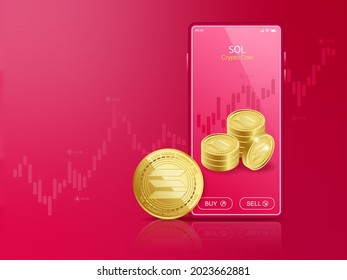 Trade Solana (SOL) on mobile through the system Cryptocurrency. Perspective Illustration about Crypto Coins.