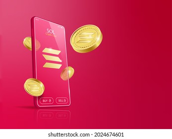 Trade Solana (SOL) on mobile through the system Cryptocurrency. Perspective Illustration about Crypto Coins.