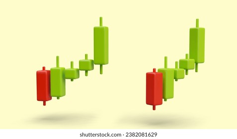 Trade of stock. Color stock chart. 3D image, view from different sides. Price chart with different types of rates, green and red indicators. Growth, rise in value. Vector illustration for web design